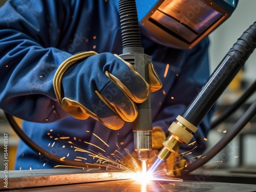 Welding action workshop industrial process indoor environment close-up view craftsmanship excellence