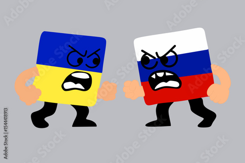 An expressive cartoon illustration representing the political conflict between Ukraine and Russia. 