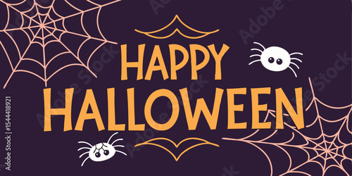 Happy halloween greeting card with spiders and spiderwebs on a dark purple background design element