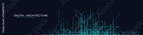 Digital Data Network Architecture With Glowing Lines And Abstract Circuit Patterns On Dark Background. Futuristic Grid System And High-Tech Connectivity Visualization. Vector Illustration.