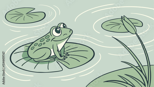 A cartoon frog sitting on a lily pad in a pond surrounded by other lily pads and water ripples