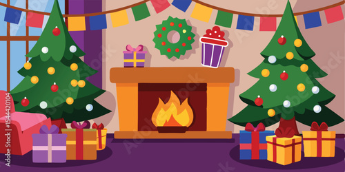 Festive christmas scene with decorated trees presents and a fireplace with a wreath and garland