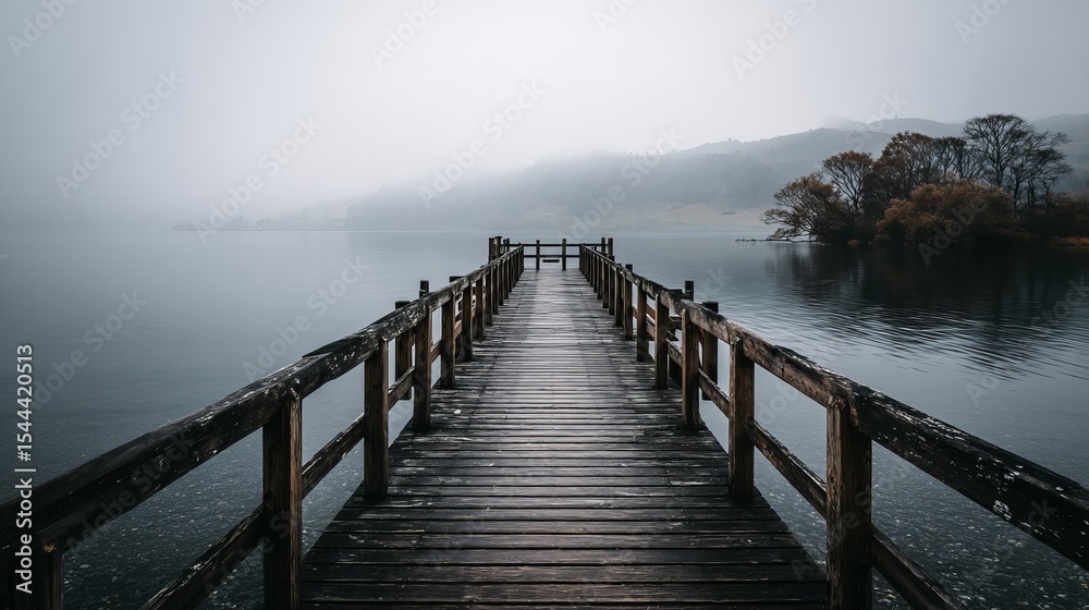 Obraz premium Serene wooden pier stretching over calm lake in foggy morning atmosphere