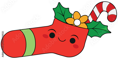 Cartoon christmas stocking filled with candy cane holly and flower with a cute smiling face design
