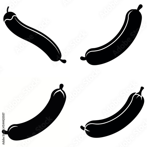 Four Black and White Silhouette Illustrations of Eggplants with Stem and Slight Variations in Shape
