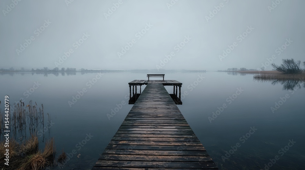 Fototapeta premium Serene wooden pier stretching over calm lake in foggy morning atmosphere