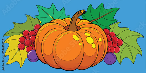 Illustration of a vibrant orange pumpkin with leaves and berries against a blue background scene