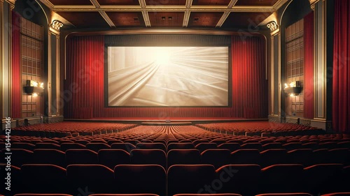 Cinema theater with movie scene on wide screen and empty chairs in the cinema hal