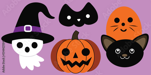 Cute halloween icons featuring a ghost with a witch hat, pumpkin, and various cat designs on purple 99