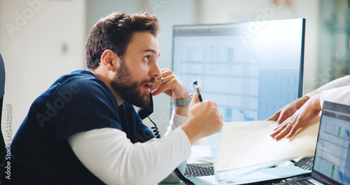 Phone call, receptionist and documents with man in hospital for doctor appointment, multitask and schedule. Healthcare administration, medical consultant and communication with person for insurance