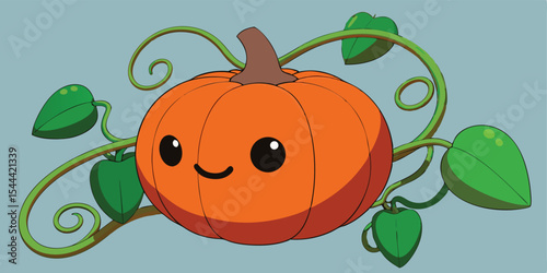 Illustration of a cartoon pumpkin with a cute face and green vines and leaves around it shown