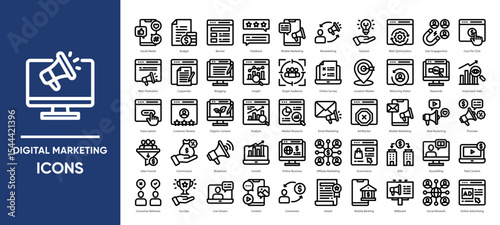 Digital marketing icons collection set, covering social media, SEO, content creation, email marketing, and analytics. Ideal for campaigns, websites, presentations, and marketing strategies.