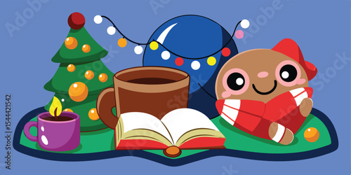 Festive scene with christmas tree book coffee mug string lights and cartoon character in red scarf