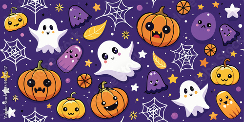 Whimsical halloween pattern featuring pumpkins ghosts spiderwebs and stars on a purple background