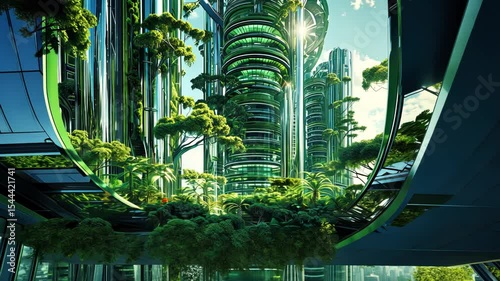 Retro futuristic cityscape flooded with green plants. Green technology. Environmental technology concept. Sustainable development goals