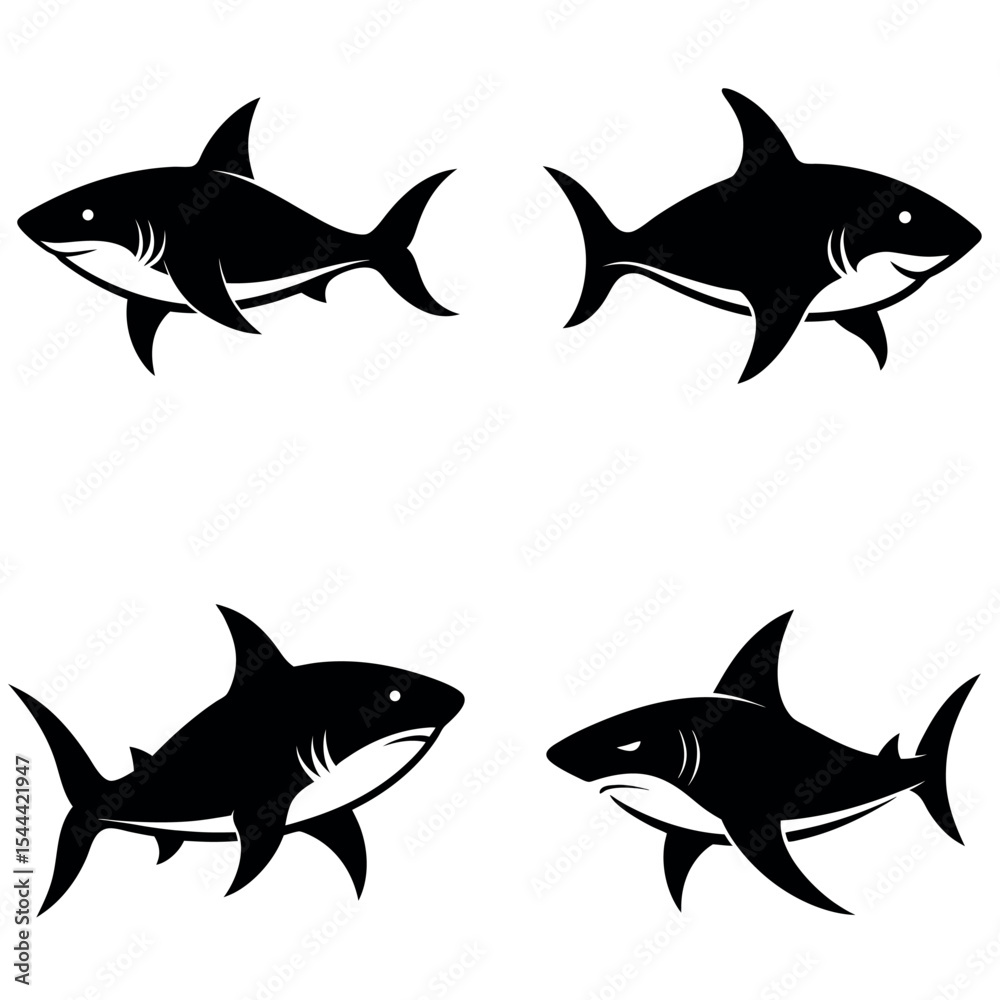 Fototapeta premium Four Black Shark Silhouette Illustrations with Varying Expressions on a White Background
