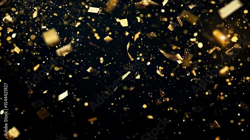 Gold confetti falling in a loop on a black background with glittering festive particles
