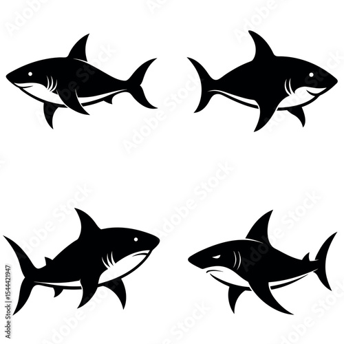 Four Black Shark Silhouette Illustrations with Varying Expressions on a White Background