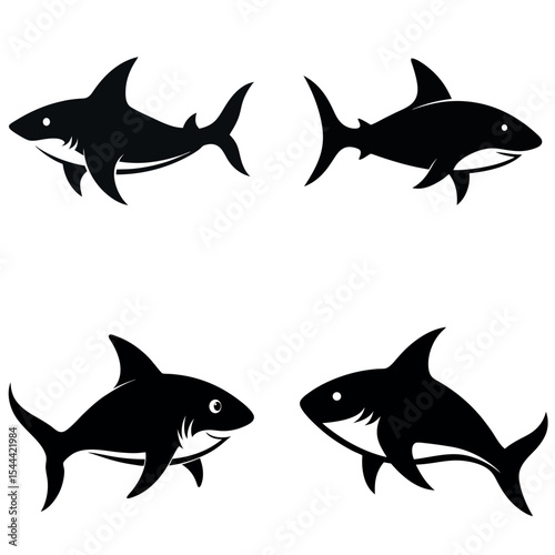 Four Black Shark Silhouettes with Varied Designs on a White Background in a Grid