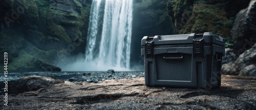 flask A rugged toolbox sits by a majestic waterfall in a serene natural setting.