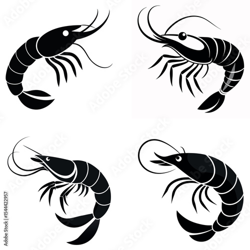 Black and White Illustration of Four Shrimp or Prawn in Various Poses