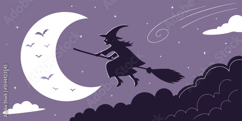 Silhouette of a witch flying on a broomstick in front of a crescent moon at night with bats and stars