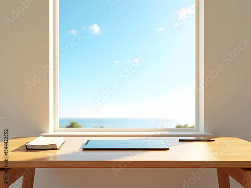 Wallpaper Mural Photorealistic wooden desk setup with tablet, notebook and pen under bright window light enhancing productivity Torontodigital.ca