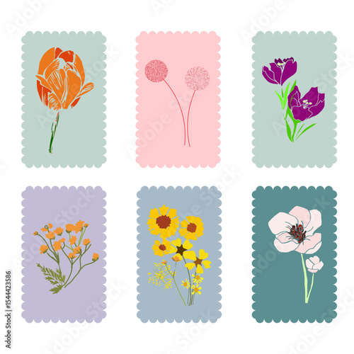 Set di cornici rettangolari colorate con ricamo con fiori multicolore di campo disegnati a mano