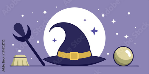 Witch hat with a moon backdrop, a magic wand, and a crystal ball design