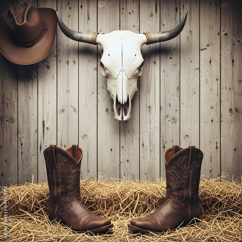 background wallpaper poster image of a country and western scene featuring old distressed wood, cow bull skull, hay, cowboy boots, cowboy hat, wild west, vintage western, horse gear, western lifestyle