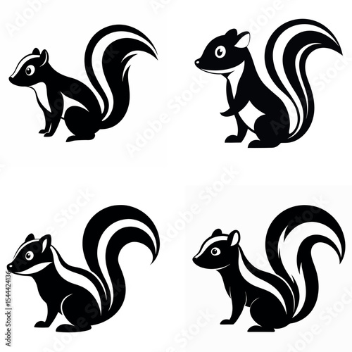 Four Black and White Skunk Illustrations with Striped Tails in Simple Style