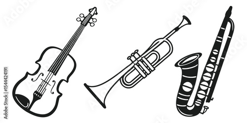 Black and White Musical Instruments Illustration: Violin, Trumpet, Saxophone