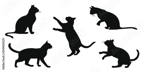 Black Cat Silhouettes in Various Poses on White Background