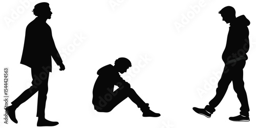 Silhouette Trio: Walking, Sitting, and Pensive Figures in Black
