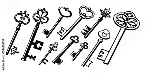 Vintage Keys Illustration, Black and White, Decorative Design Elements