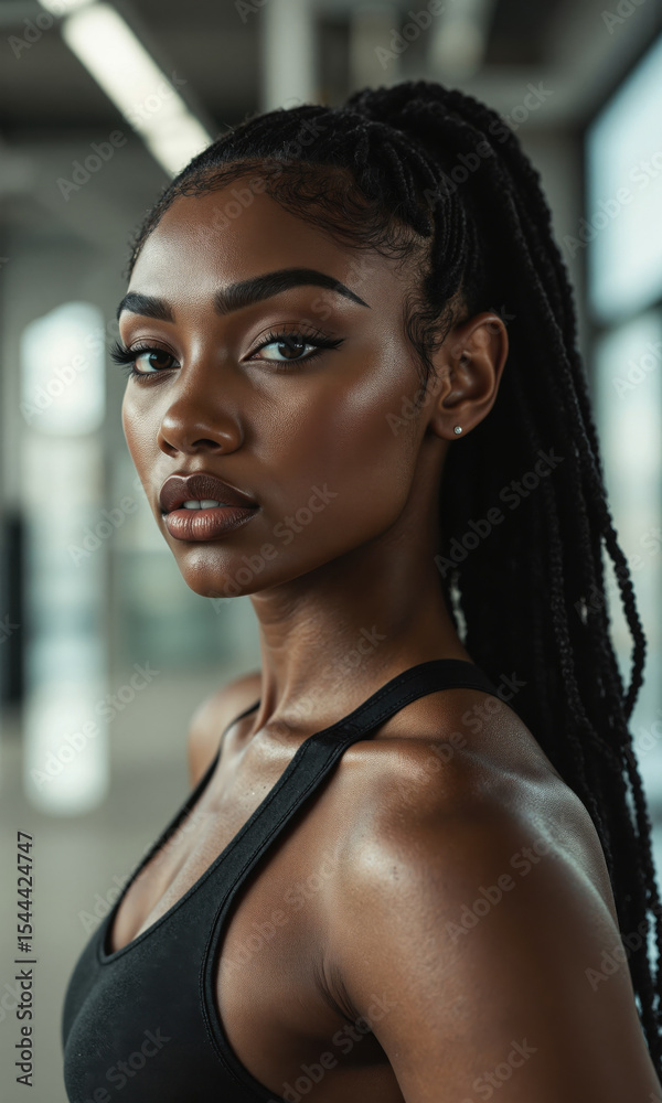 custom made wallpaper toronto digitalDetermined Black Female Athlete Portrait 20s woman, athletic wear, focused determined look, transparent bg, photo-realistic, dynamic colors, strong action light