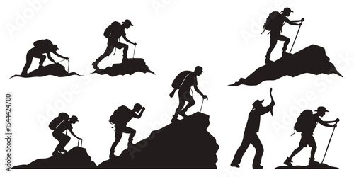 Silhouette Climbers Hiking Up Mountains: Adventure Illustration