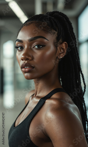 Wallpaper Mural Determined Black Female Athlete Portrait 20s woman, athletic wear, focused determined look, transparent bg, photo-realistic, dynamic colors, strong action light Torontodigital.ca