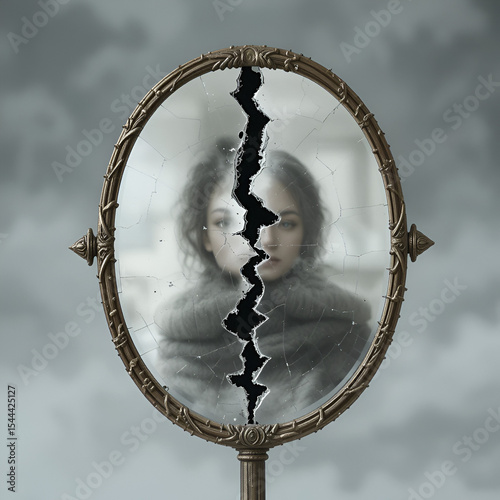 A cracked mirror showing two unequal halves, one clear and one blurred, symbolizing the fragmented perception caused by discrimination