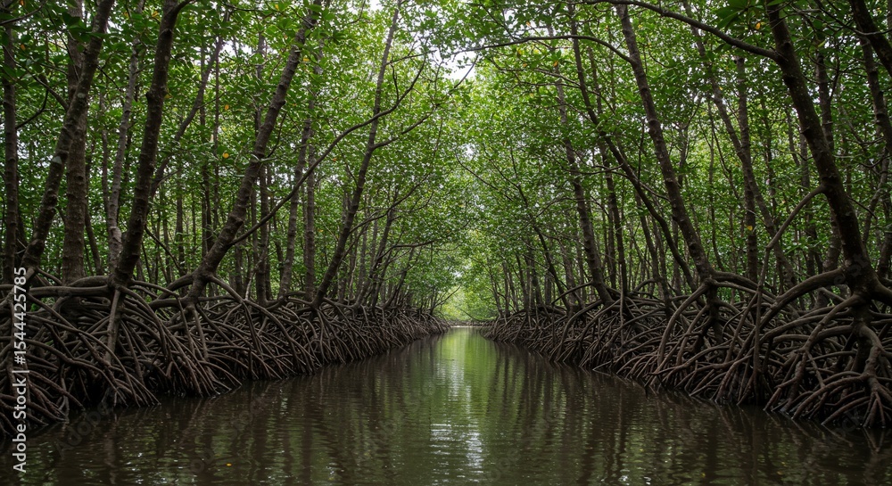 Obraz premium Serene mangrove forest waterway with dense root systems and lush green canopy