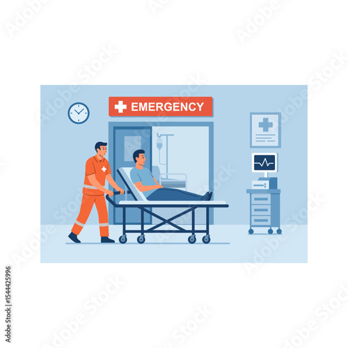 Flat Vector Illustration of Emergency Room with Paramedic and Patient on Stretcher
