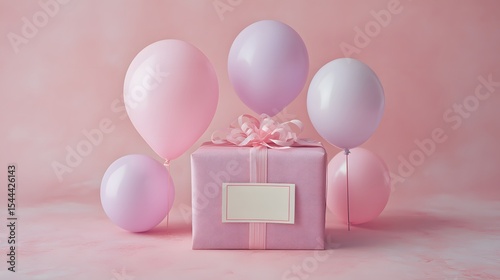 Pink Gift Box with Balloons Transparent Background