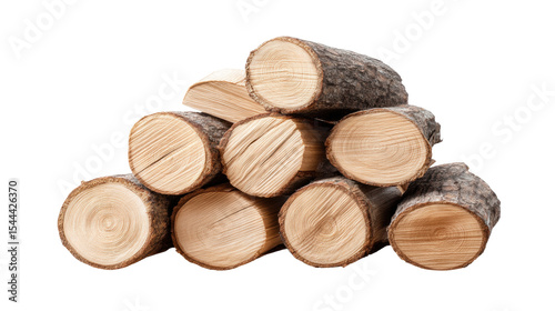 Cut wood logs isolated on transparent background with natural texture and bark visible