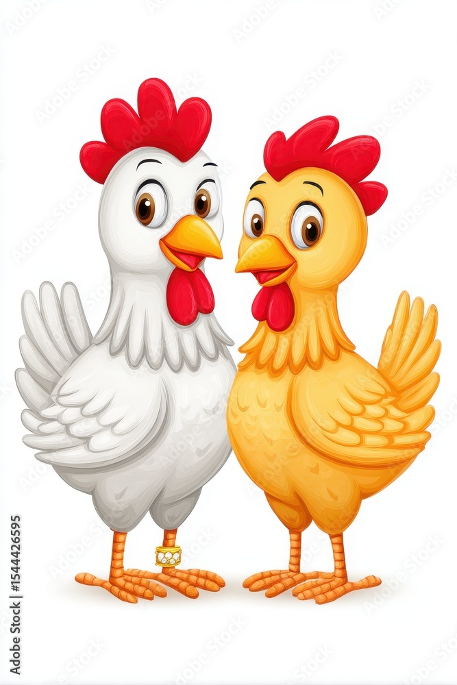 Fototapeta premium Friendly White and Yellow Chickens Illustration
