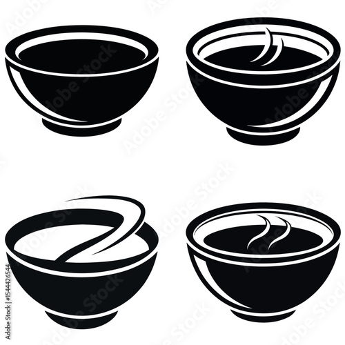 Four Black and White Illustrations of Bowls with Liquid and Abstract Designs Inside
