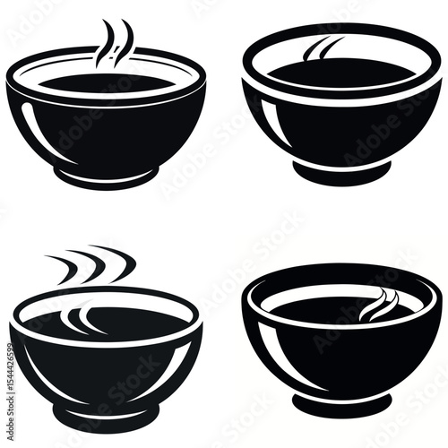 Four Stylized Bowls with Steam or Reflections, in a Black and White Design