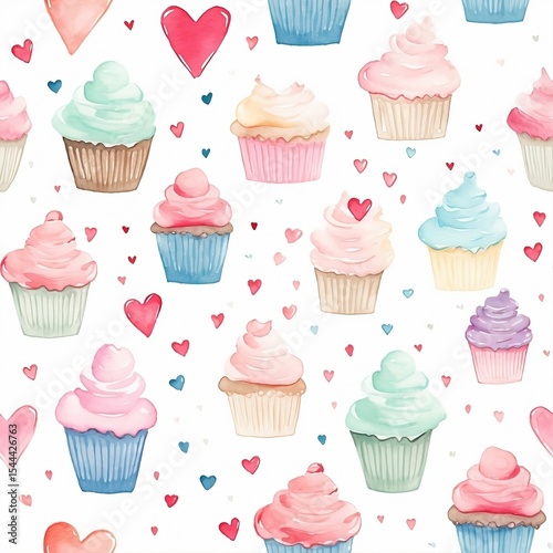 Sweet Watercolor Cupcakes and Hearts Seamless Pattern Pastel Delight for Baking Lovers