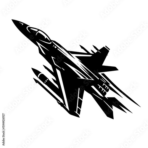 Black and white vector silhouette of a fighter jet on white background