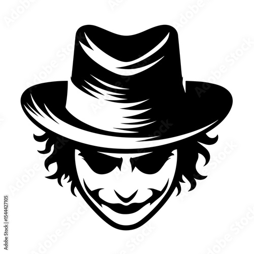 Black and white vector silhouette of a joker face on white background