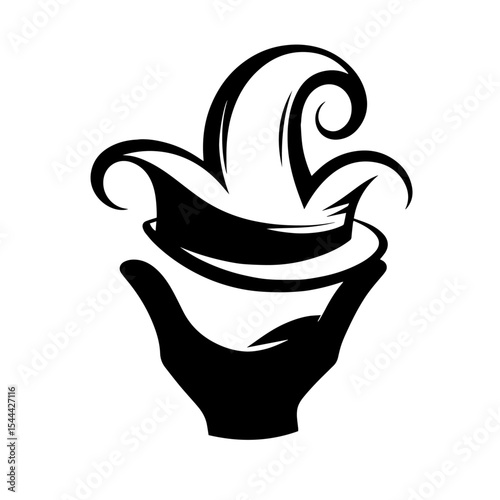 Black and white vector silhouette of a joker hat on white background